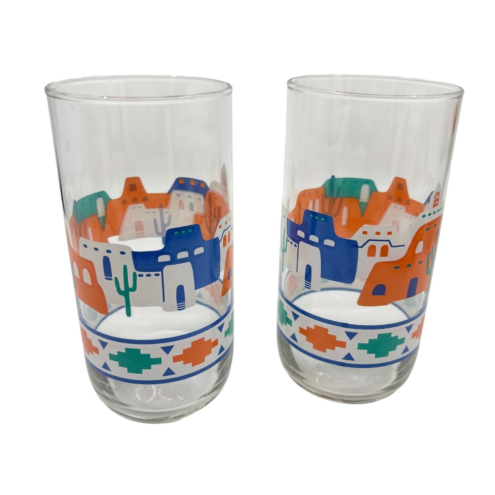 Vintage Southwestern Pueblo Adobe Cactus Highball Glasses Set of‎ 2 Multicolor